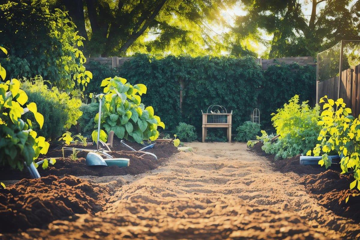 Beginner gardening project with soil prepared and lush greenery all around.