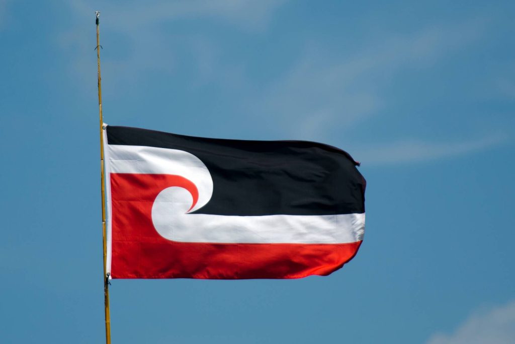 a flag with black, white, and red horizontal sections featuring a white koru (spiral) design