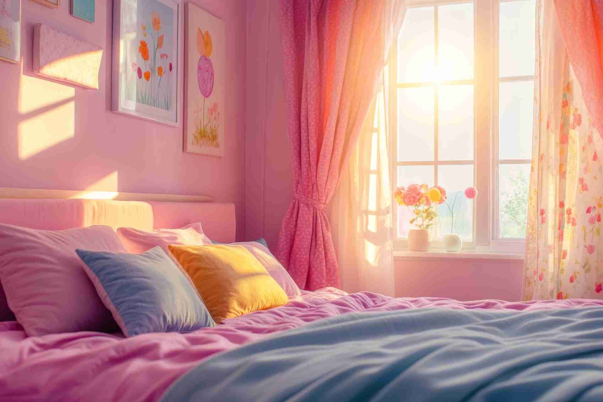 Pastel pink bedroom with soft pillows, floral wall décor and curtains for cosy home design