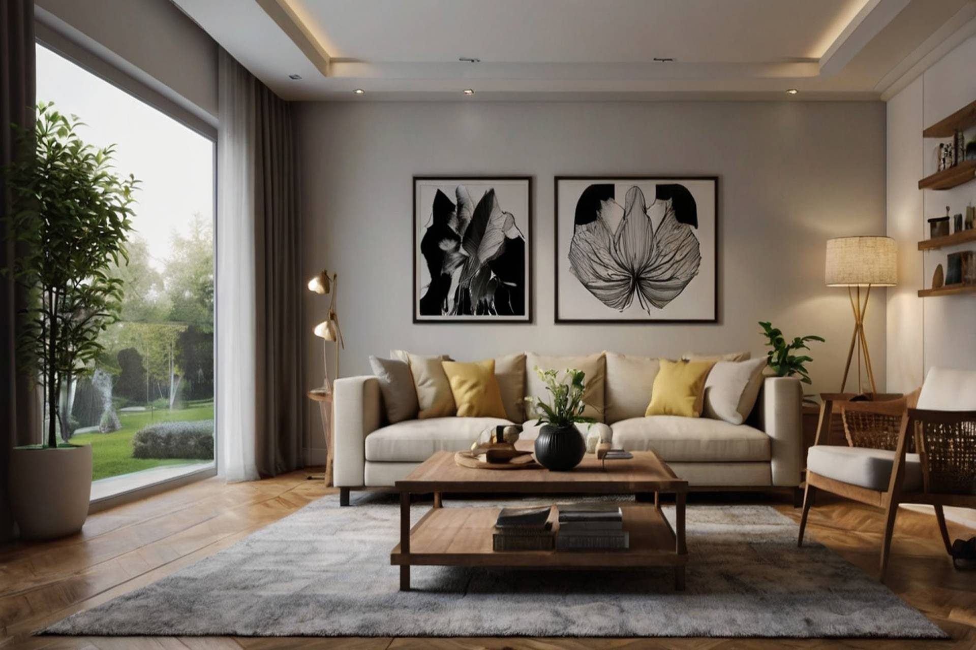 living room with sofa, table, chairs, plants, and wall art.