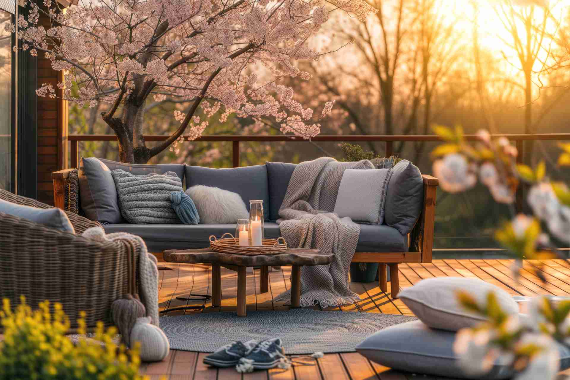 Cozy outdoor patio with sofa, cushions, and candles under a blooming tree at sunset